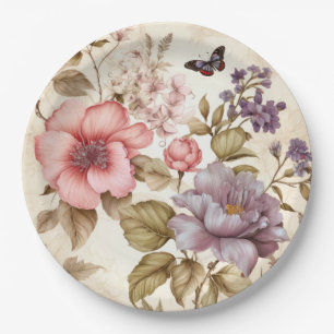 Antieke paarse roze bloemen papieren bord