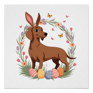 Antieke Paashaas Dachshund Hond met Bloemenei Perfect Poster
