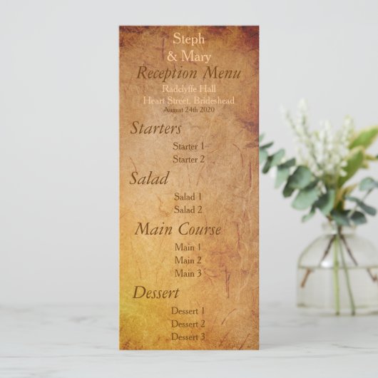 Antieke papieren lesbisch huwelijksreceptie menu k kaart (Staand voorkant)