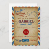 Antieke papieren vliegtuig verjaardagsuitnodiging kaart (Voorkant / Achterkant)