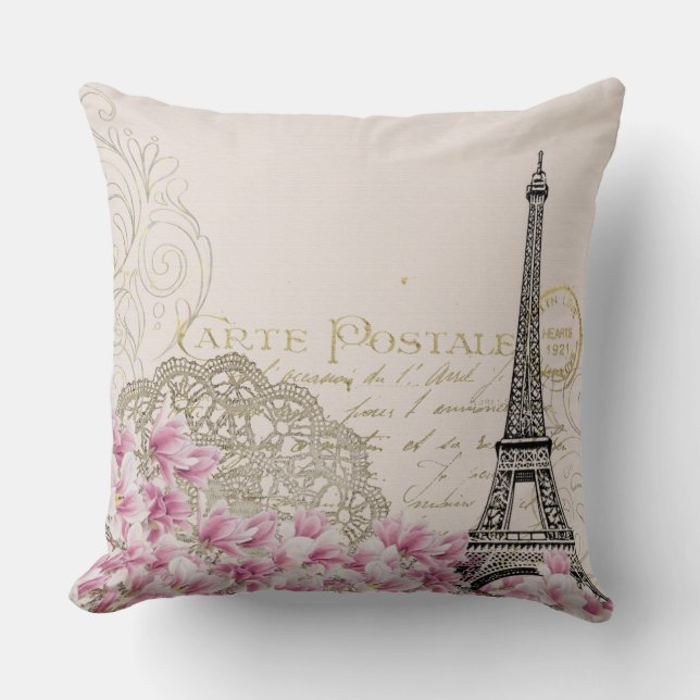 Antieke Paris Eiffeltoren & Roze Bloemen Kussen (Voorkant)