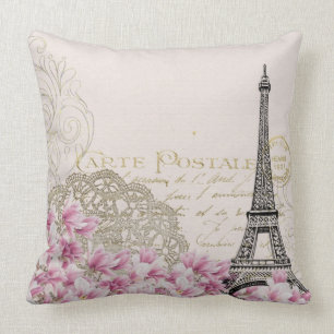 Antieke Paris Eiffeltoren & Roze Bloemen Kussen
