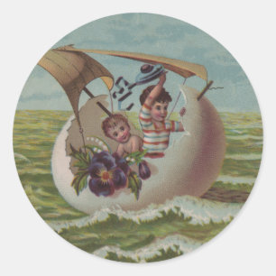 Antieke Pasen Kaart Zeilend Ei Kinderen Ronde Sticker