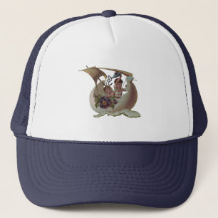 Antieke Pasen Kaart Zeilend Ei Kinderen Trucker Pet