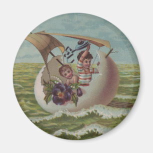 Antieke Pasen Kaart Zeilende Ei Kinderen Magneet