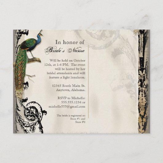 Antieke Pauw 6 muzieknoten kandelaar krulwerk Uitnodiging Briefkaart (Achterkant)