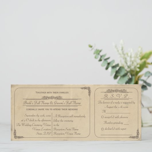 Antieke Pergament Ticket Trouwuitnodiging en RSVP Kaart (Staand voorkant)