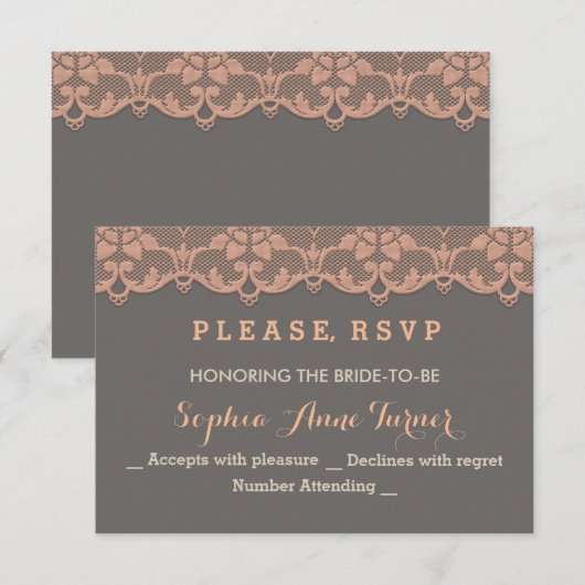 Antieke perzik grijze kant trouw-RSVP op maat gema RSVP Kaartje (Voorkant / Achterkant)