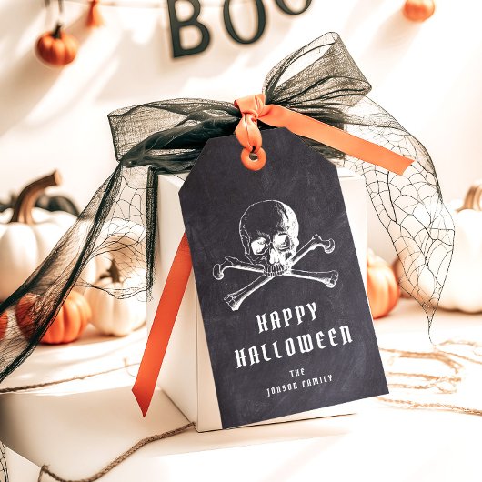 Antieke piratenschedel & botten zwart Halloween Cadeaulabel