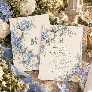Antieke poederblauwe hortensia lint monogram bruil kaart