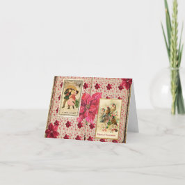 antieke Poinsettia met vogels en kinderen Feestdagen Kaart