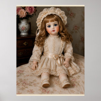 Antieke porseleinen pop in vintage stijl zittend poster