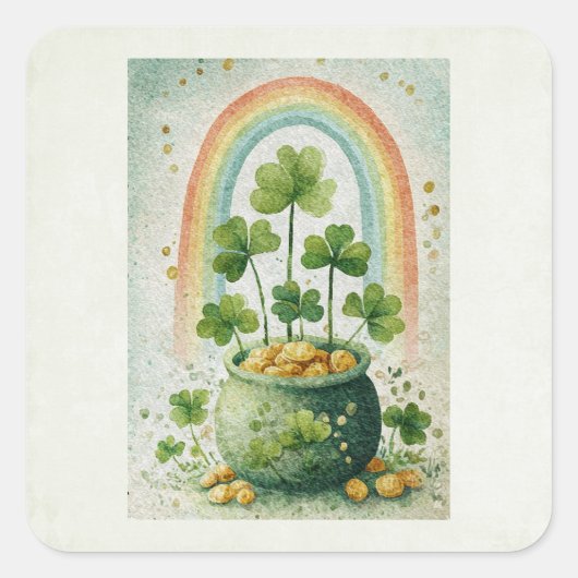 Antieke pot met goud en regenboog vierkante sticker (Voorkant)
