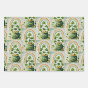 Antieke pot met goud en regenboogpatroon inpakpapier vel