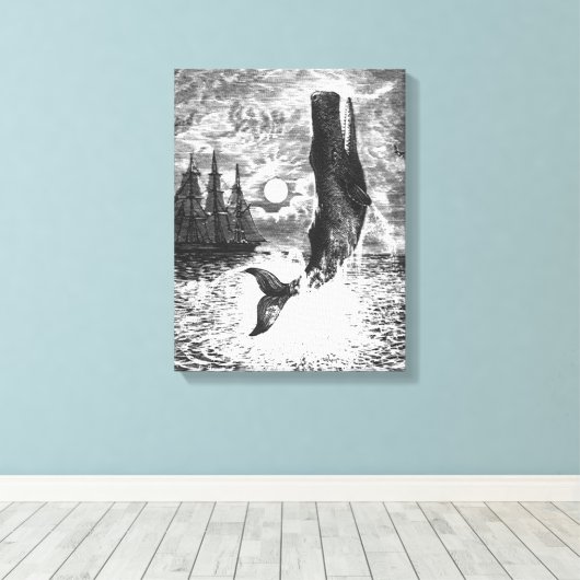 Antieke potvis die uit het water springt, zeediere canvas afdruk (Insitu (Houten vloer))