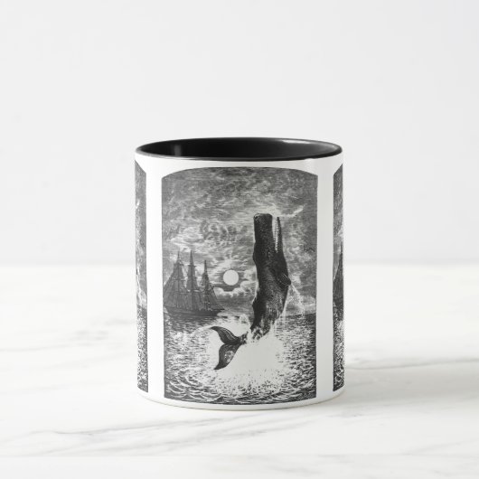 Antieke potvis die uit het water springt, zeediere mok (Midden)