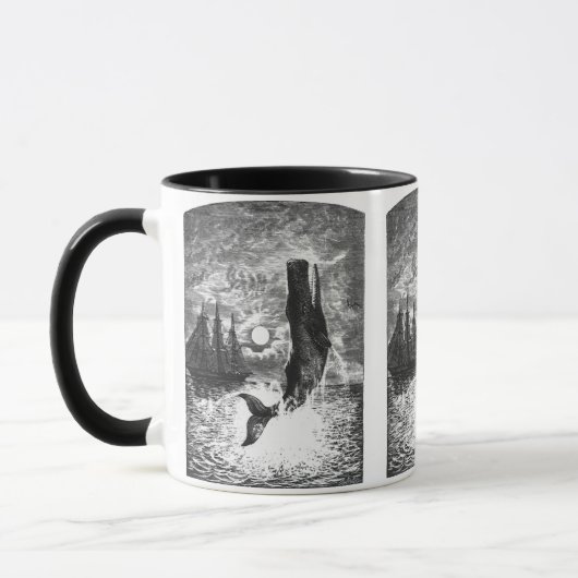 Antieke potvis die uit het water springt, zeediere mok (Links)