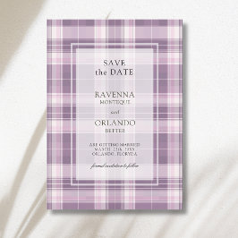 Antieke pruimpaarse geruite country bruiloft save the date