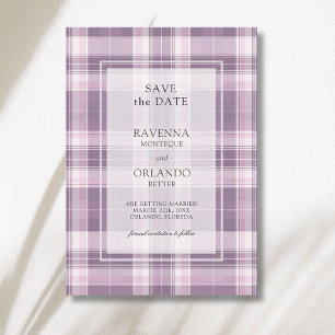 Antieke pruimpaarse geruite country bruiloft save the date