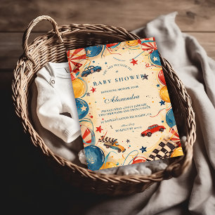 Antieke raceauto-babyshower kaart