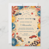 Antieke raceauto-babyshower kaart (Voorkant)