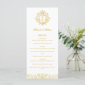 Antieke Regency Monogram Wapen Huwelijk Elegant Menu (Staand voorkant)