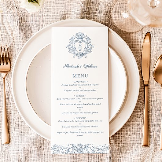 Antieke Regency Monogram Wapen Huwelijk Elegant Menu
