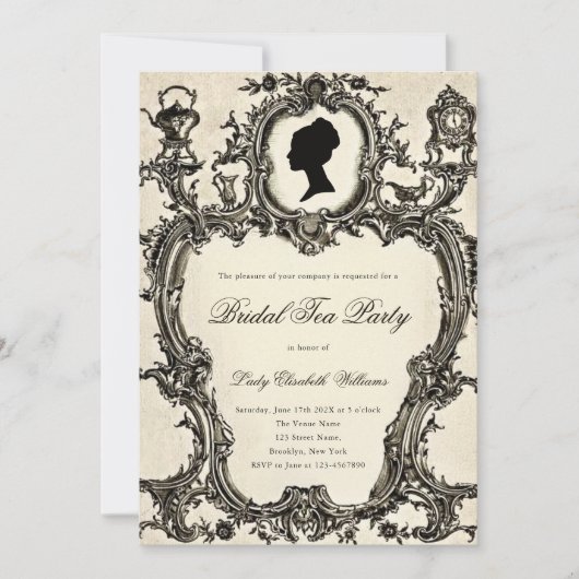 Antieke Regency Rococo Bruiloftsfeest Theepartij Kaart (Voorkant)
