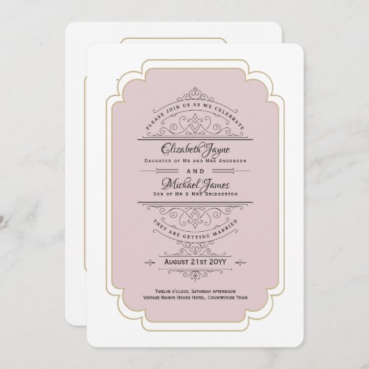 Antieke Regency Stof Roze Gouden Trouwfeest Kaart (Voorkant / Achterkant)