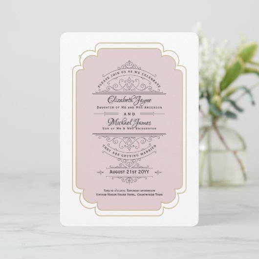 Antieke Regency Stof Roze Gouden Trouwfeest Kaart (Staand voorkant)