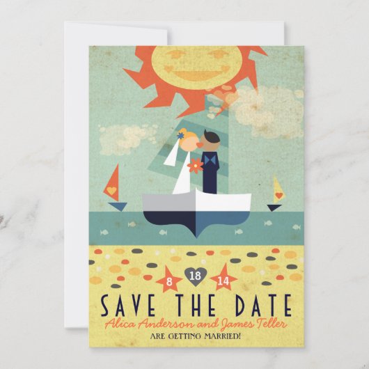 Antieke Reis Zeilboot Strand Bruiloft Bewaar Datum Save The Date (Voorkant)