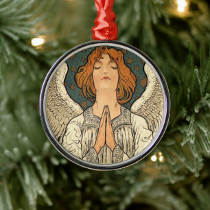 Antieke religieuze engel in gebed met gouden sterr metalen ornament