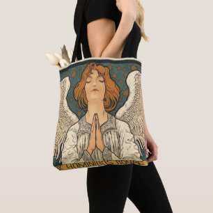 Antieke religieuze engel in gebed met gouden sterr tote bag