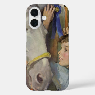 Antieke renpaard, blauw lint winnaar met een jonge iPhone 16 hoesje