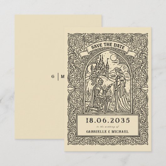 Antieke Ridder Middeleeuwse Schets Save The Date K (Voorkant / Achterkant)