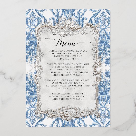 Antieke Rococo Bloem Motief Blauw Witte Eet Menu Folie Uitnodiging (Voorkant)
