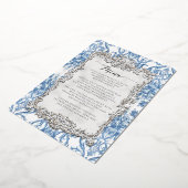 Antieke Rococo Bloem Motief Blauw Witte Eet Menu Folie Uitnodiging (Gedraaid)