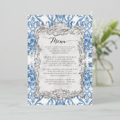 Antieke Rococo Bloem Motief Blauw Witte Eet Menu Folie Uitnodiging (Staand Voorkant)