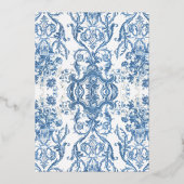 Antieke Rococo Bloem Motief Blauw Witte Eet Menu Folie Uitnodiging (Achterkant)