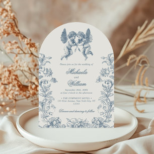 Antieke Rococo Cherubijnen & Bloemen Blauwe Trouwd Kaart