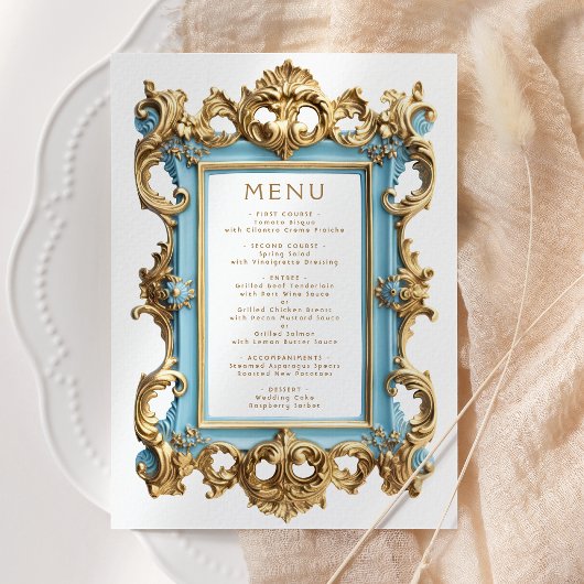 Antieke Rococo Lijst Blauw Goud Trouwmenu Menu