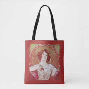 Antieke rode Art Nouveau Alphonse Mucha robijnrode Tote Bag