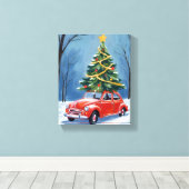 Antieke rode auto kerstboom canvas afdruk (Insitu (Houten vloer))