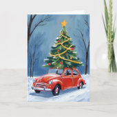 Antieke rode auto kerstboom feestdagen kaart (Voorkant)