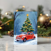 Antieke rode auto kerstboom feestdagen kaart