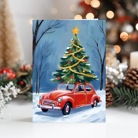 Antieke rode auto kerstboom feestdagen kaart