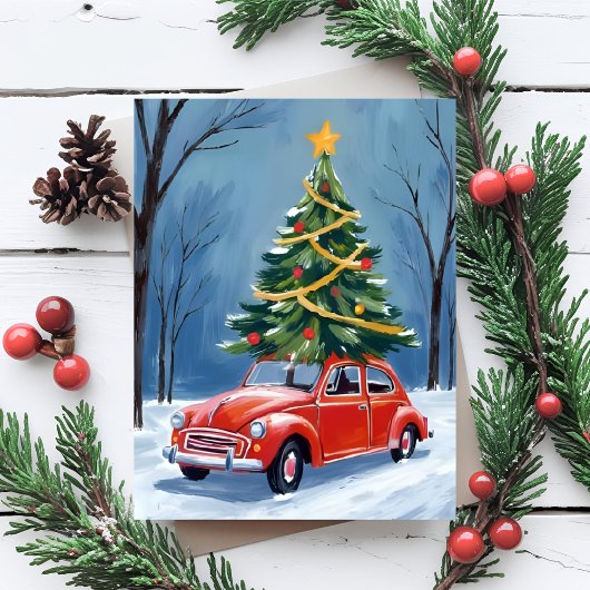 Antieke rode auto kerstboom feestdagenkaart
