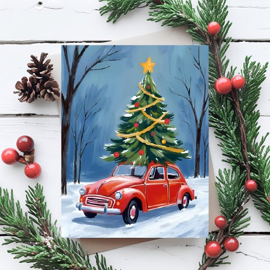 Antieke rode auto kerstboom feestdagenkaart
