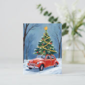 Antieke rode auto kerstboom feestdagenkaart (Staand voorkant)