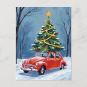 Antieke rode auto kerstboom feestdagenkaart (Voorkant)